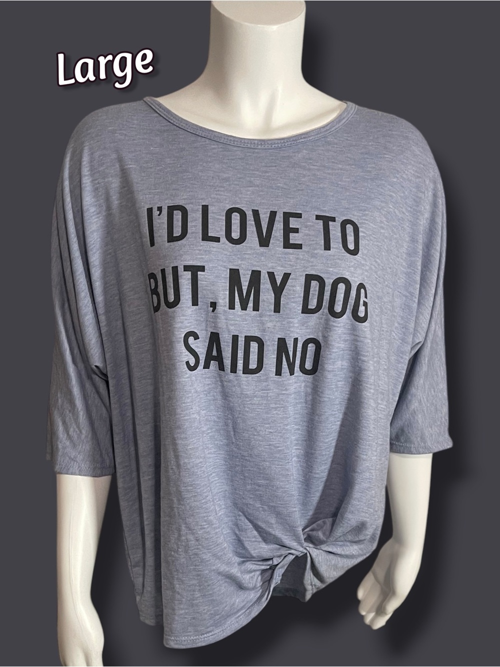 "I'd Love To But My Dog Said No" Slouchy Tee Women's Large Dolman Sleeve Blue